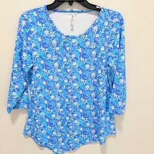 Lulu-B Floral 3/4 Sleeve Top Women Blue Size S Nylon Spandex Casual Shirt